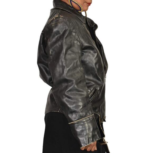 Vintage Motorcycle Jacket Leather Distressed Biker Asymmetric Zip 50s Size Small - Picture 6 of 16